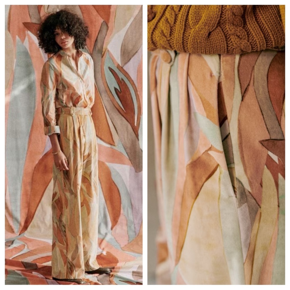 Sezane Multicolor Abstract Print Straight-Leg Pants - Peach, Cream, Tan